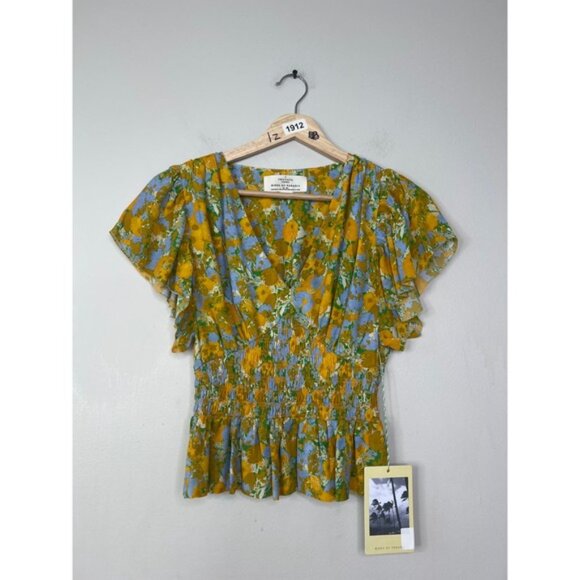 NWT Birds of Paradis V-Neck Paloma Short Sleeve Blouse Golden Briar Floral - Picture 2 of 8